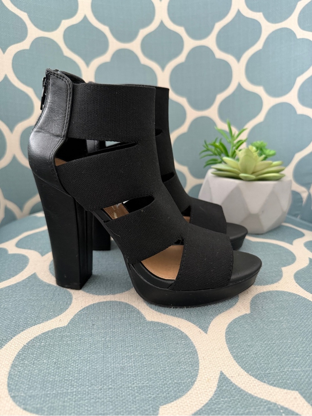 Report Black High Block Heel Cutout Sandals Used Once